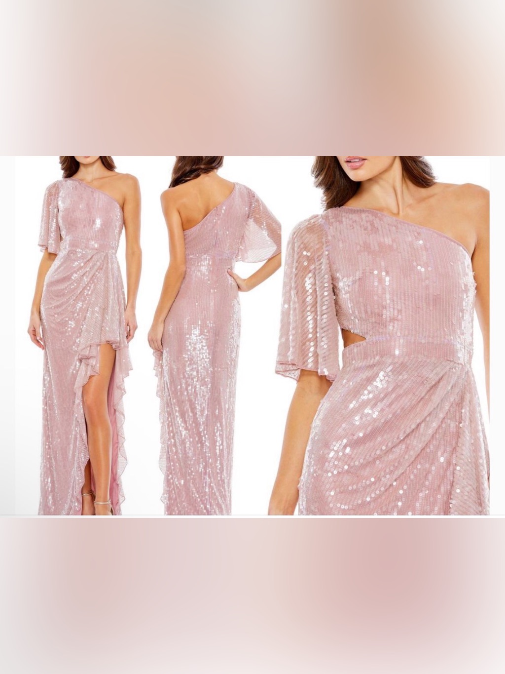 Nwt Mac Duggal One Shoulder Sequin Gown Mauve Pink High Slit Formal Dress Size 6